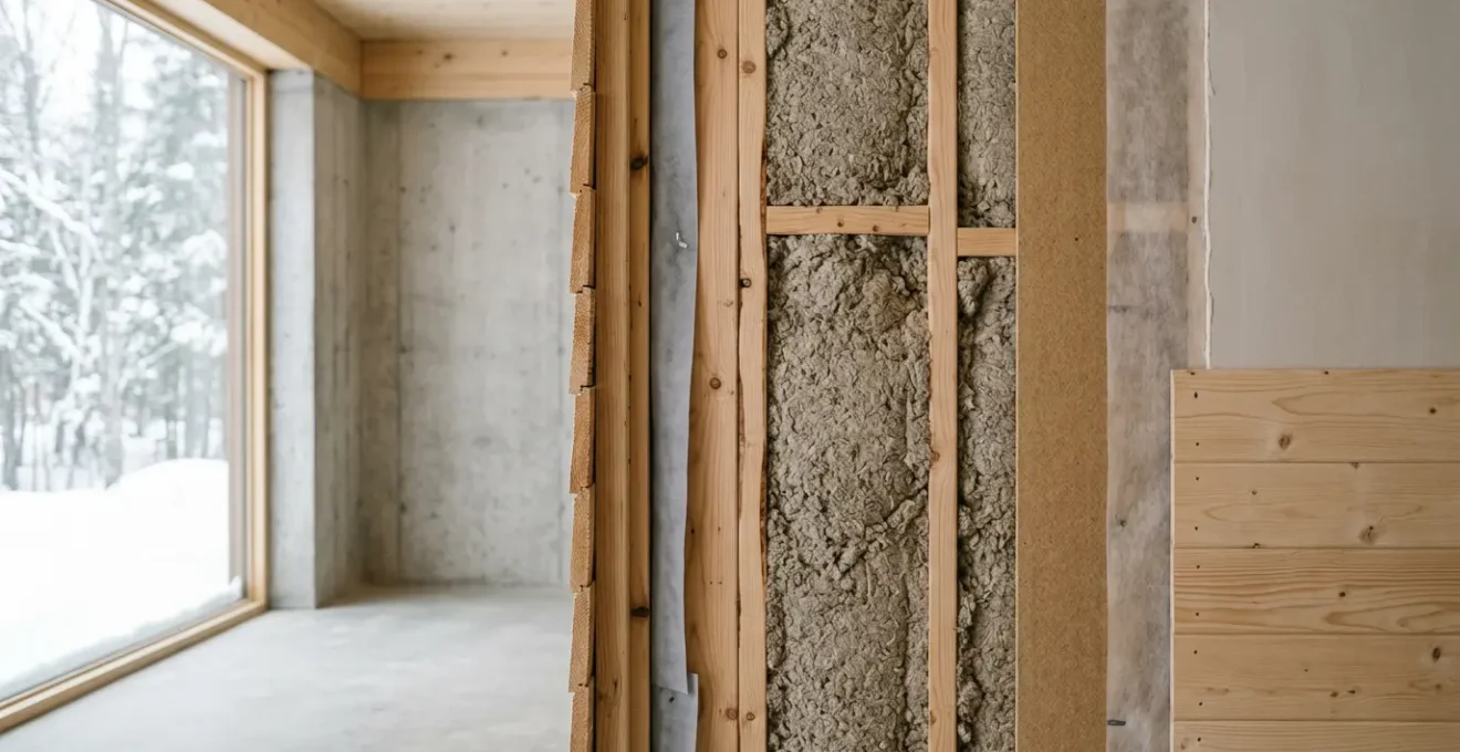 Composition architecturale montrant l'isolation écologique d'une maison québécoise avec matériaux naturels
