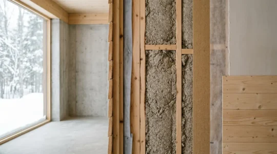 Composition architecturale montrant l'isolation écologique d'une maison québécoise avec matériaux naturels