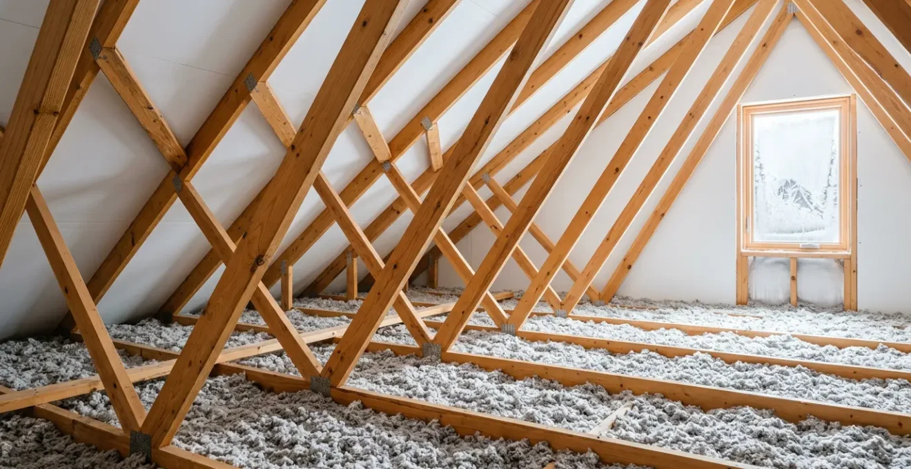 Travaux d'isolation de combles perdus avec cellulose soufflée dans une maison québécoise en hiver