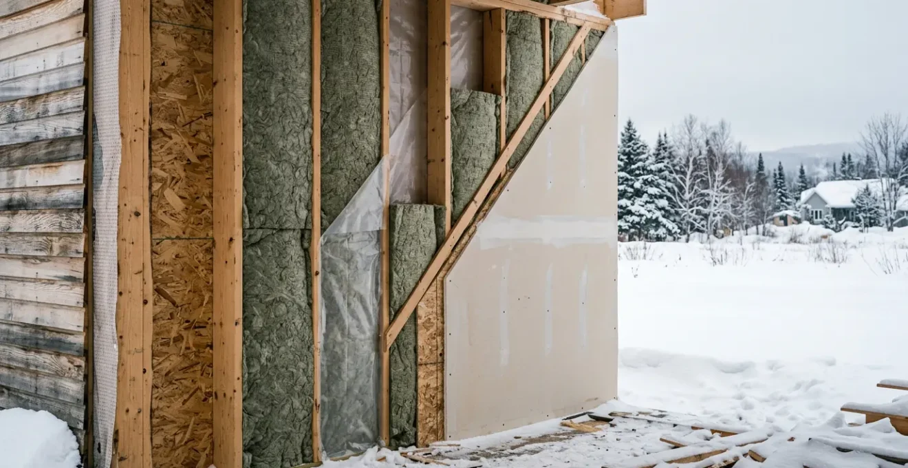 Isolation murale à double couche pour la réduction des ponts thermiques dans une maison québécoise en hiver