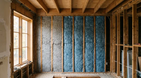 Vue intérieure d'une maison en rénovation avec matériaux d'isolation écologique au Québec