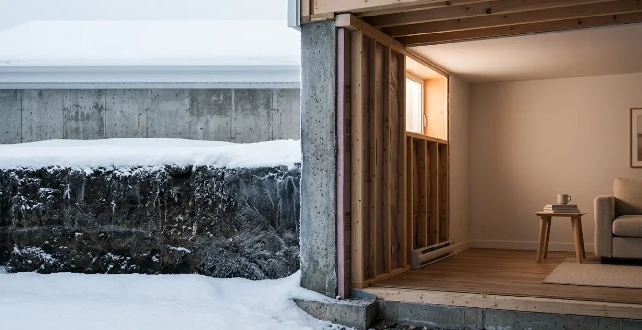 Vue d'une fondation de maison québécoise bien isolée avec un sous-sol confortable en hiver