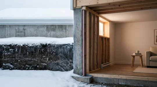 Vue d'une fondation de maison québécoise bien isolée avec un sous-sol confortable en hiver