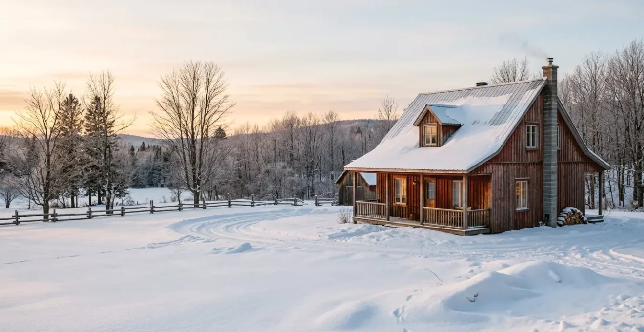 Maison québécoise typique en hiver avec focus sur l'enveloppe thermique des murs extérieurs