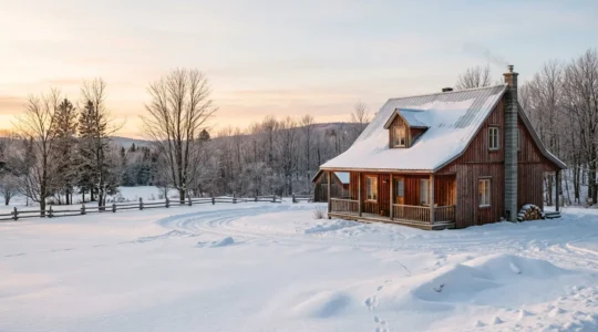 Maison québécoise typique en hiver avec focus sur l'enveloppe thermique des murs extérieurs