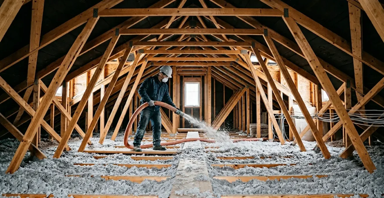 Technicien professionnel réalisant l'isolation par soufflage de cellulose dans un entretoit de maison québécoise