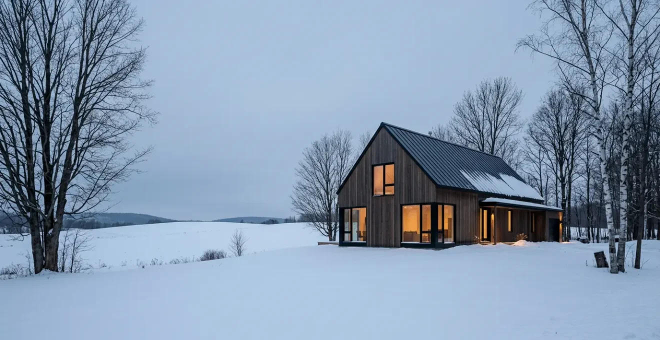 Maison québécoise moderne avec isolation thermique avancée dans un environnement hivernal