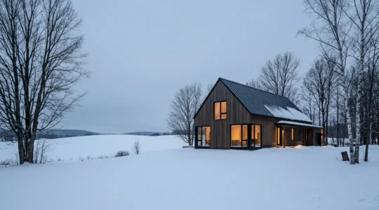 Maison québécoise moderne avec isolation thermique avancée dans un environnement hivernal
