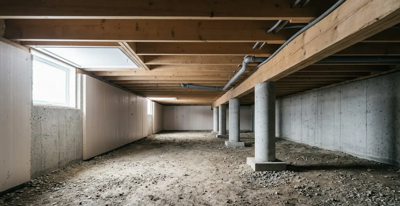Intérieur d'un vide sanitaire résidentiel québécois avec poutres en bois et système d'isolation moderne, lumière naturelle douce
