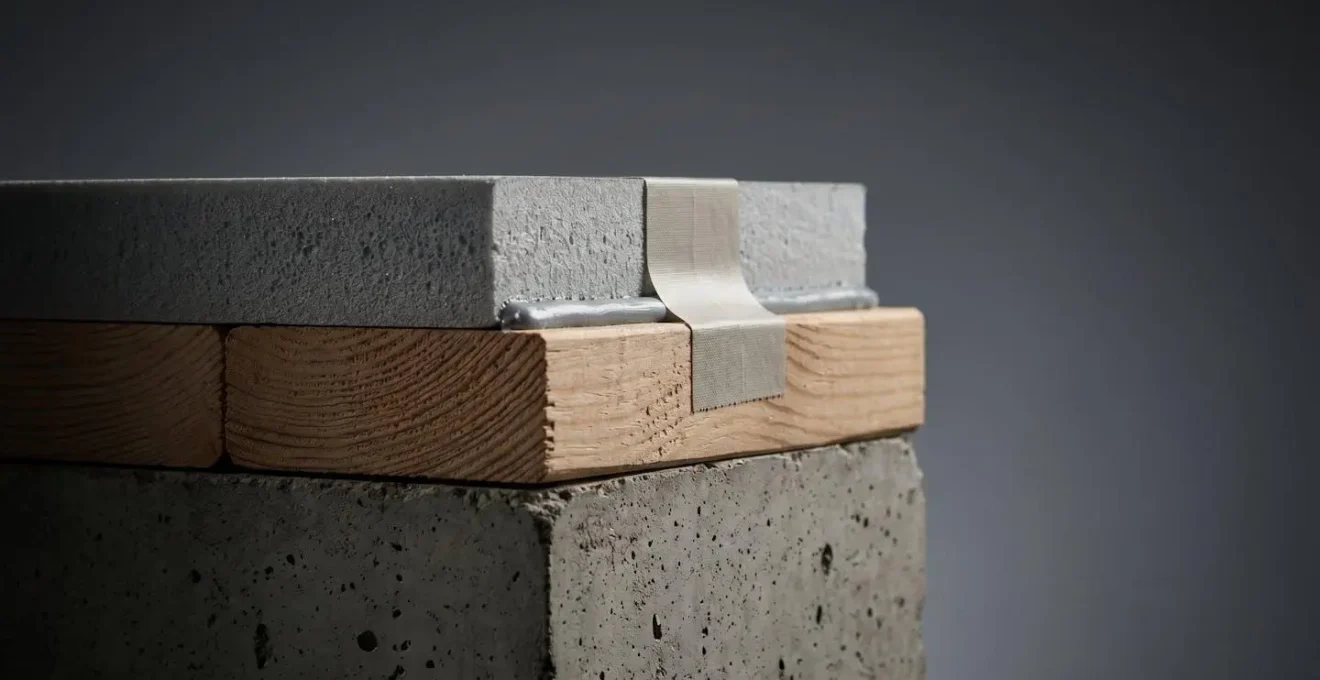 Schéma en coupe montrant la jonction critique entre le solage en béton et la solive de rime en bois avec techniques d'étanchéité