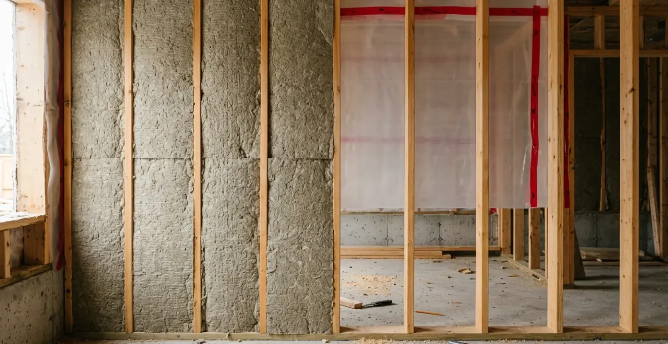 Installation professionnelle de laine minérale pour isolation thermique et coupe-feu dans une structure résidentielle au Québec