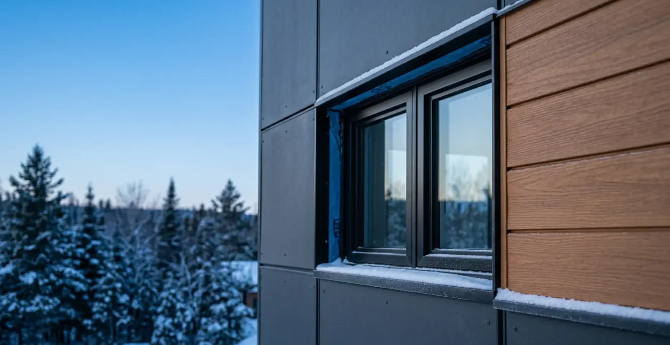 Détail architectural d'une maison québécoise moderne avec enveloppe thermique performante en hiver
