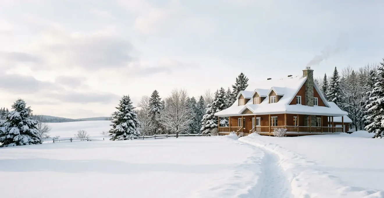 Vue extérieure d'une maison québécoise typique en hiver avec neige et climat froid