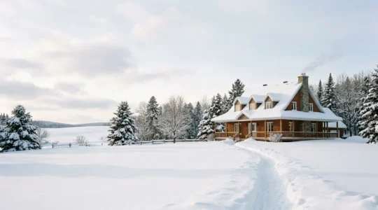 Vue extérieure d'une maison québécoise typique en hiver avec neige et climat froid
