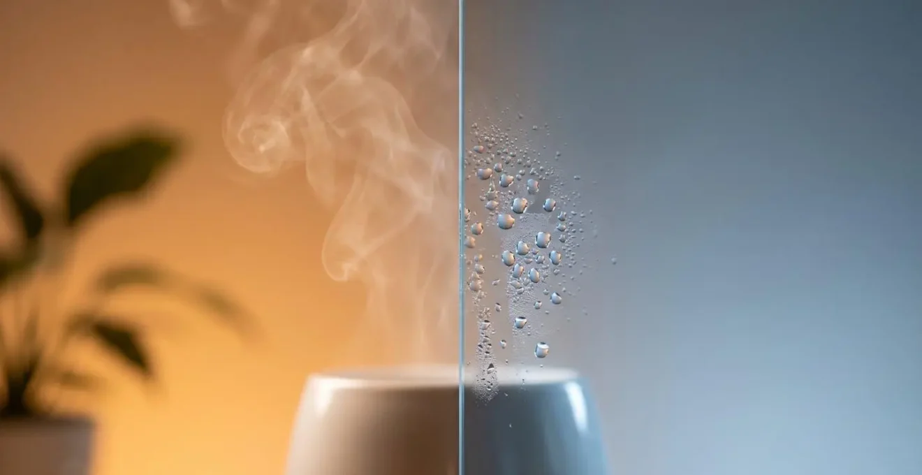 Représentation visuelle du principe de condensation à travers un mur isolé avec pare-vapeur mal positionné