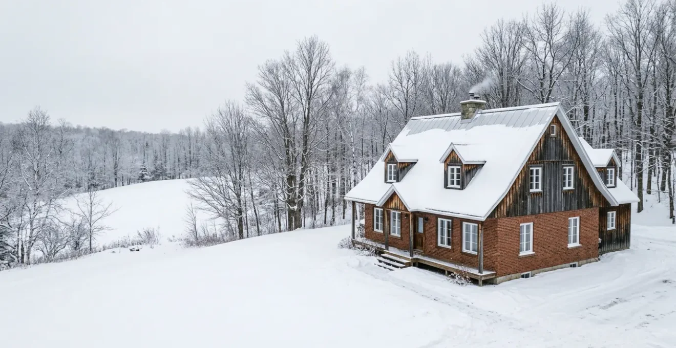 Vue aérienne d'une maison québécoise en hiver avec neige sur le toit montrant l'isolation thermique et l'efficacité énergétique