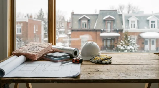 Planification de projet d'isolation thermique pour une résidence québécoise avec documents et matériaux