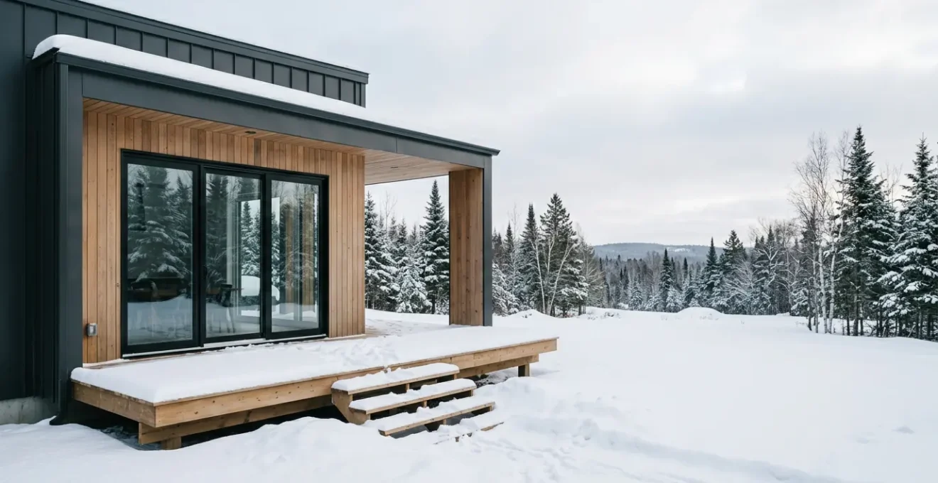 Vue extérieure d'une porte-fenêtre moderne à triple vitrage dans une maison québécoise en hiver