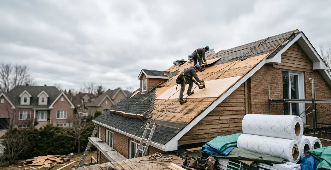 Travaux de réfection de toiture avec isolation simultanée de l'entretoit dans une résidence québécoise en hiver