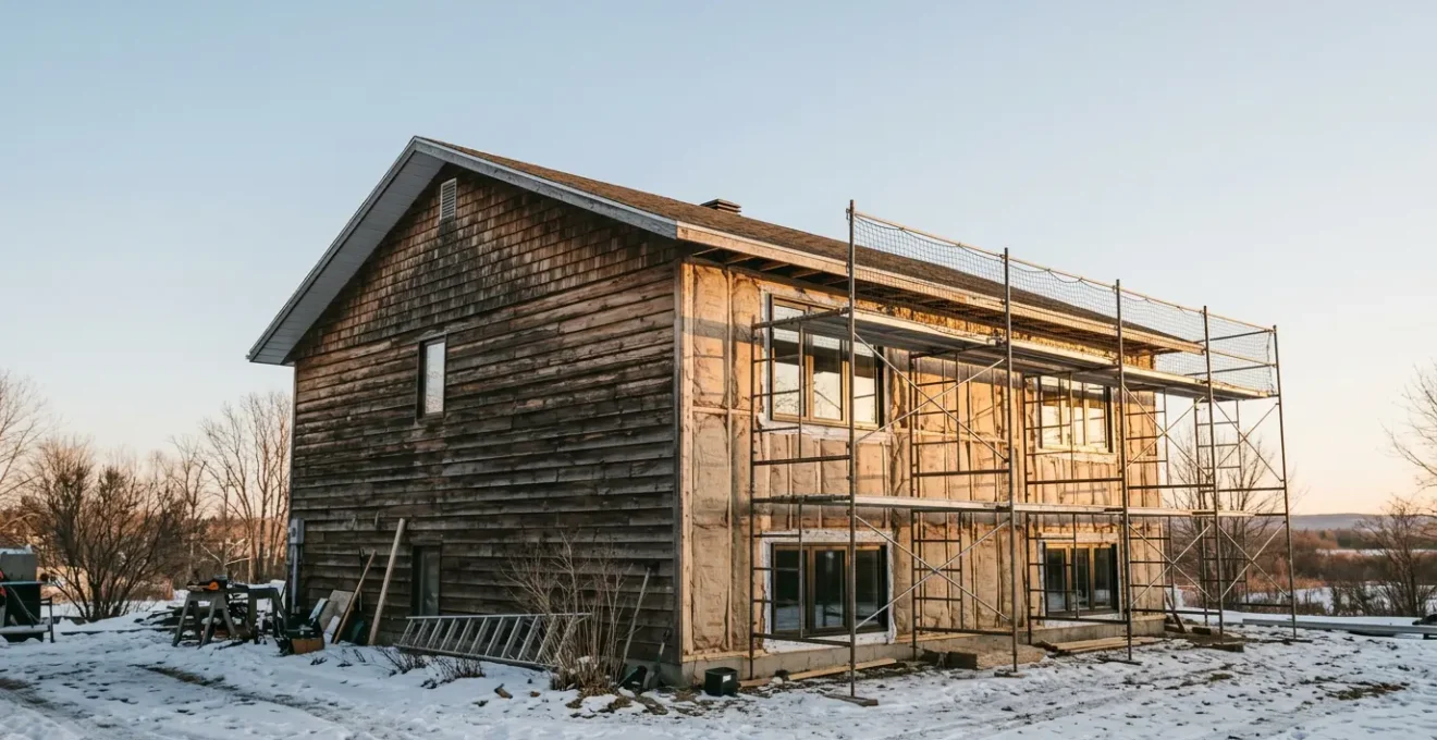 Maison québécoise moderne en rénovation avec isolation et amélioration énergétique