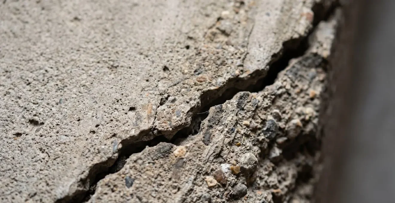 Gros plan sur une fissure de fondation en béton nécessitant réparation avant les travaux d'isolation