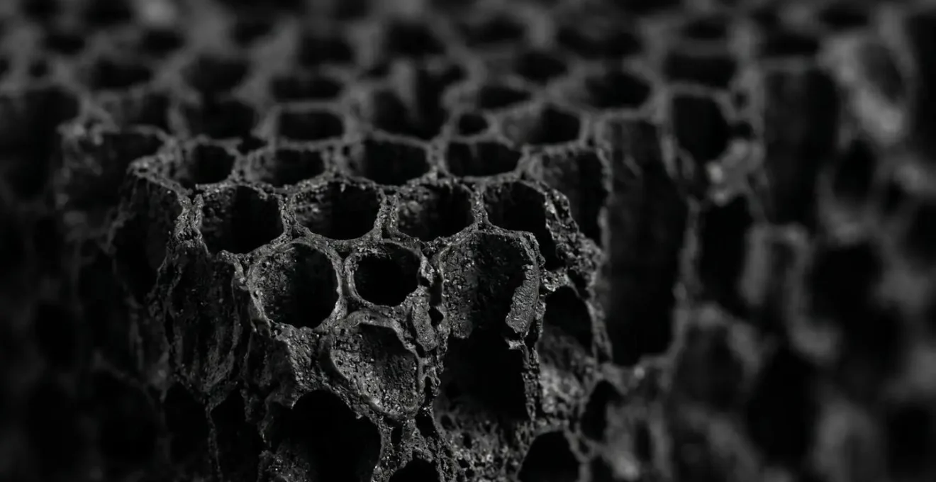 Gros plan sur la texture alvéolaire naturelle noire du liège expansé pur révélant les cellules soudées par la subérine sans colle ajoutée