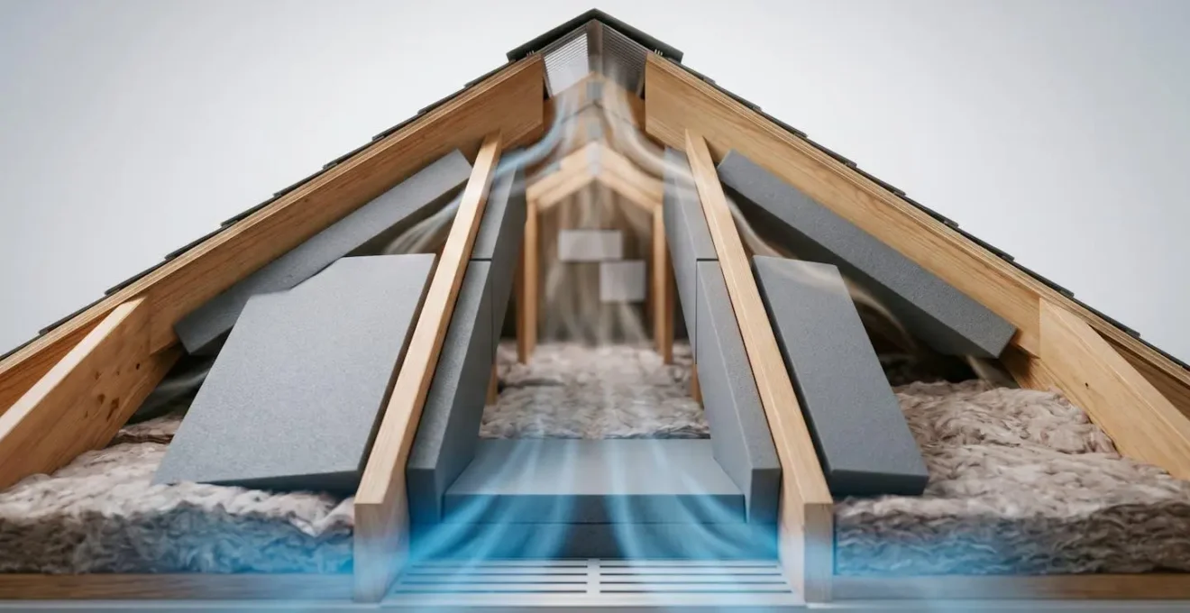 Systeme de ventilation d entretoit montrant le flux d air des soffites vers le faite