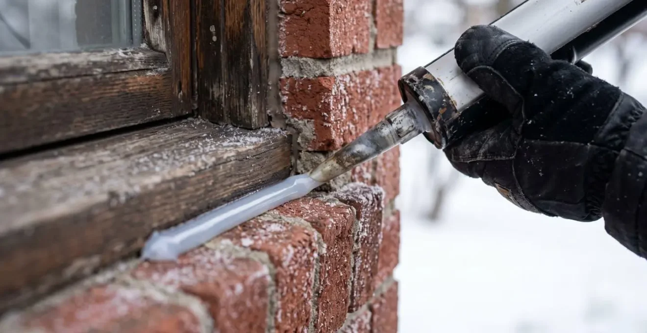 Gros plan sur l'application professionnelle de scellant autour d'un cadre de fenêtre en conditions hivernales