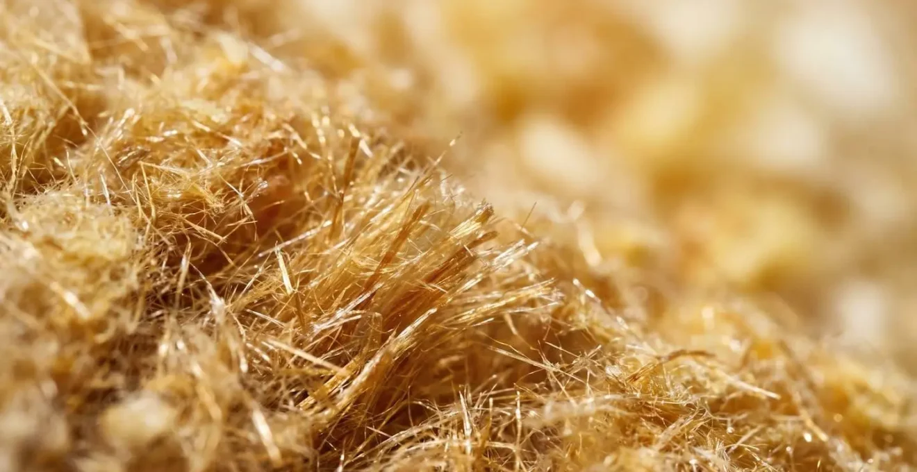 Gros plan macro sur de la laine isolante en fibre de verre montrant la texture détaillée et la résistance thermique
