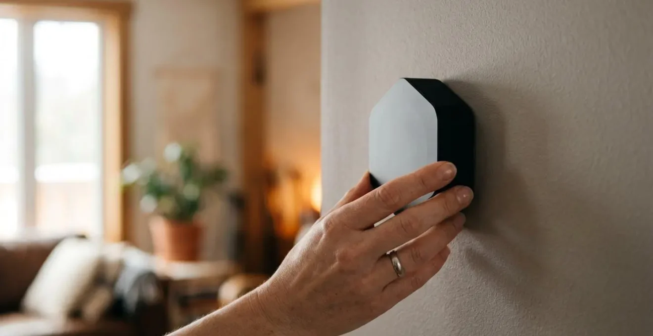 Thermostat electronique programmable moderne installe sur un mur dans une maison quebecoise