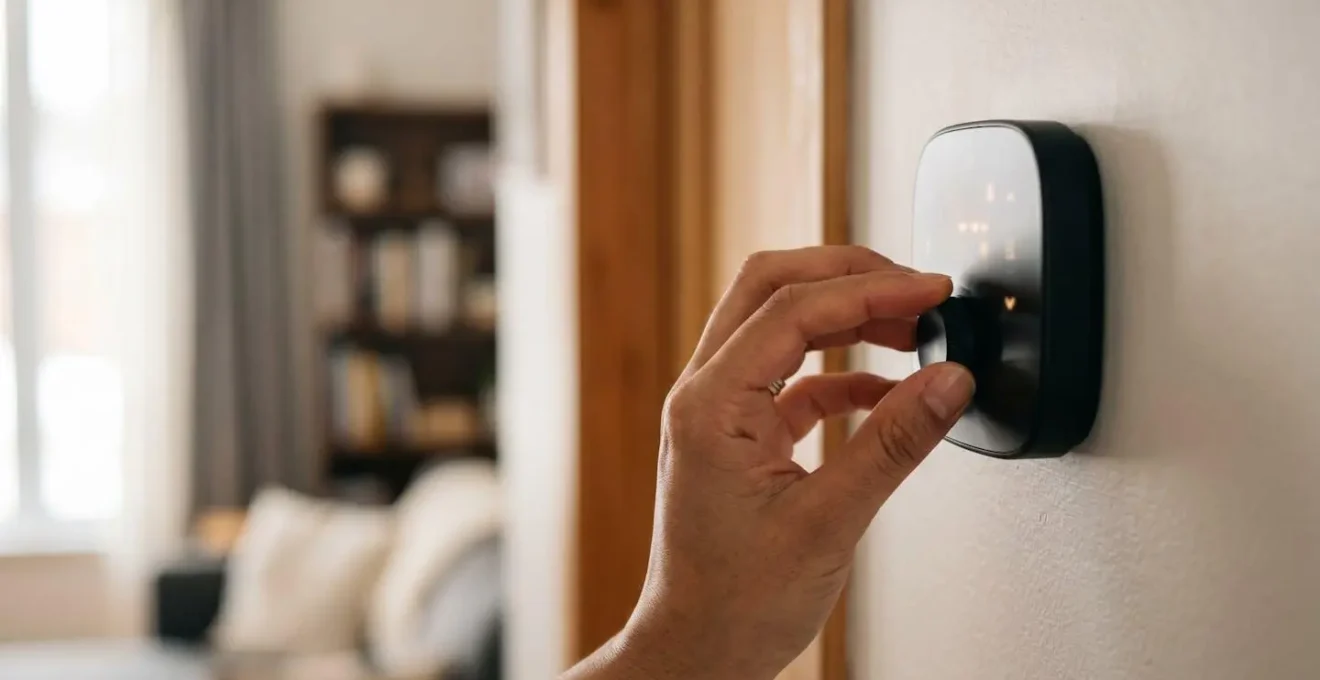 Main ajustant les paramètres d'un thermostat intelligent moderne dans une maison bien isolée