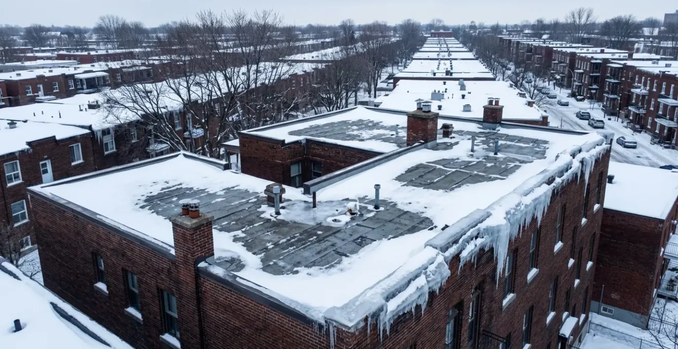 Toit plat résidentiel québécois en hiver avec accumulation de glace sur les rebords et isolation thermique