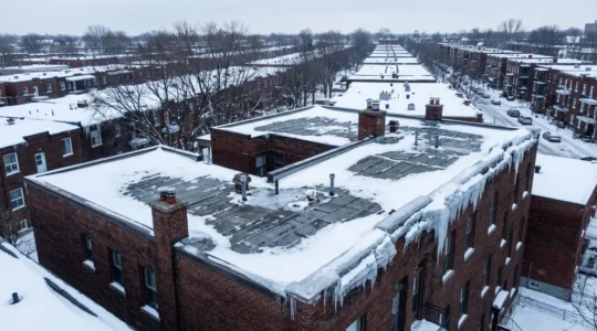 Toit plat résidentiel québécois en hiver avec accumulation de glace sur les rebords et isolation thermique
