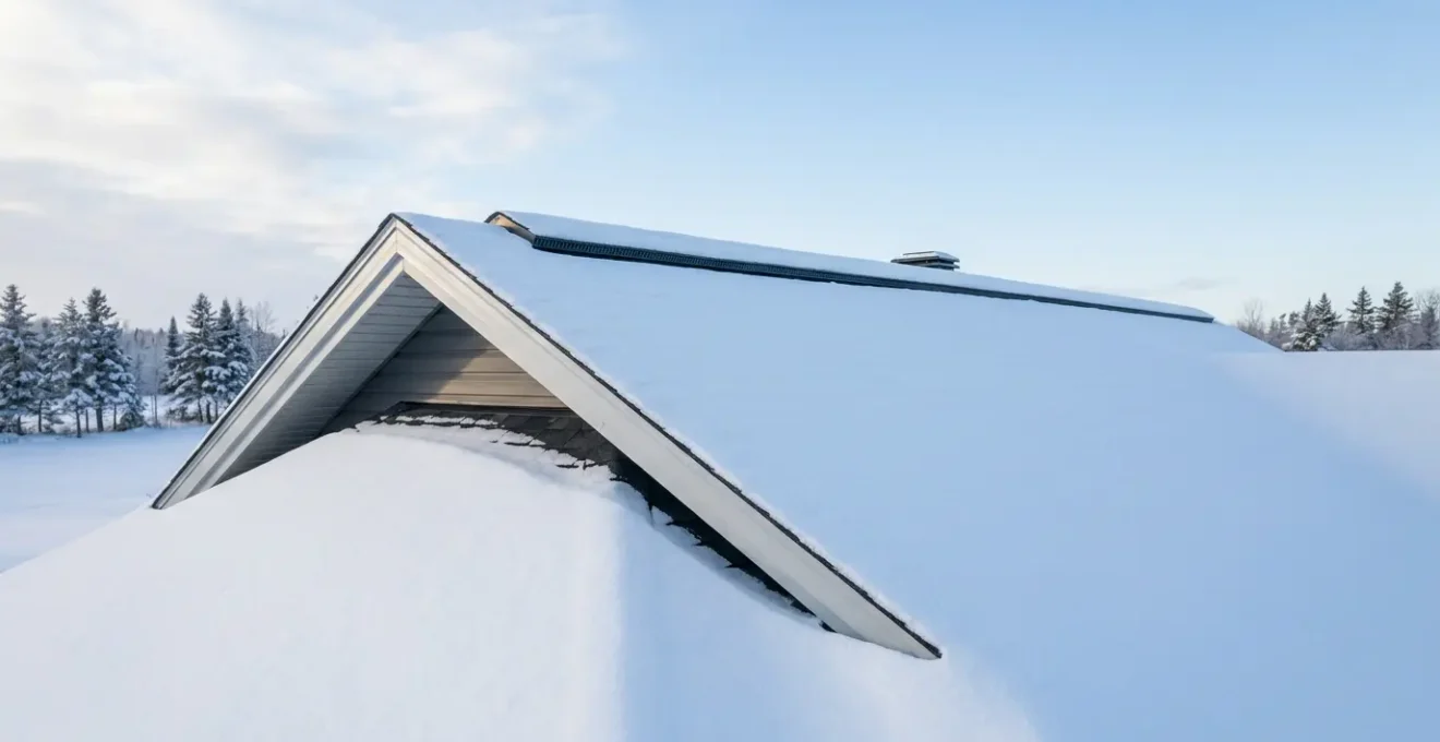 Toiture résidentielle québécoise bien isolée et ventilée sous la neige en hiver