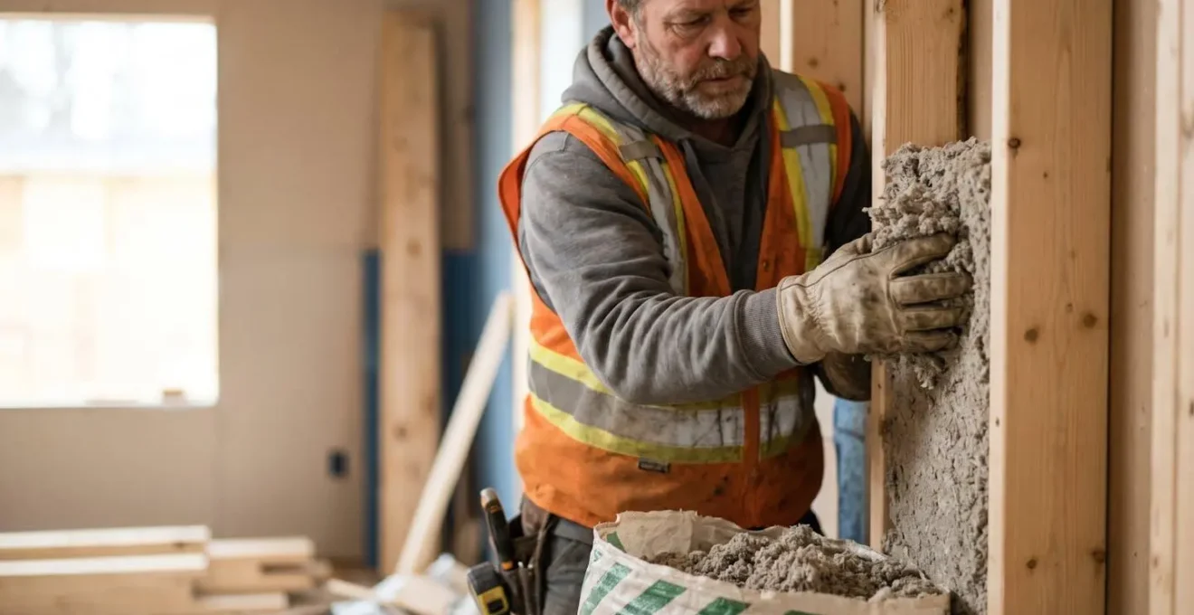 Installation professionnelle d'isolant naturel traité au feu dans une structure résidentielle québécoise