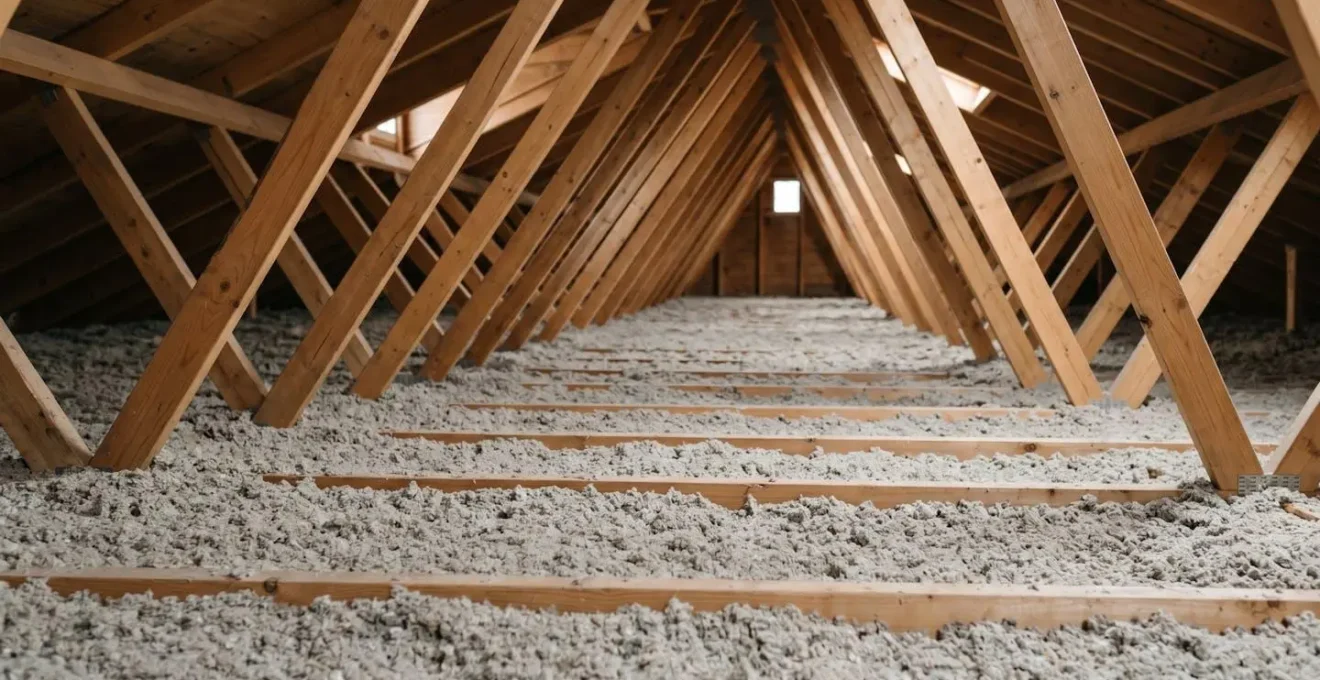Vue d'ensemble minimaliste d'un entretoit québécois avec couche épaisse de cellulose entre les solives