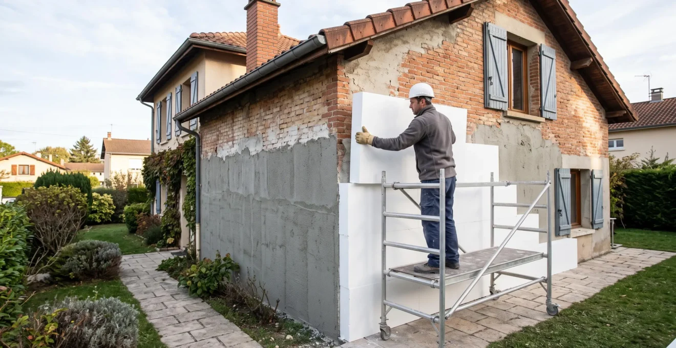 Un artisan pose un panneau isolant sur la façade extérieure d'une maison en cours de rénovation.