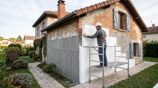 Un artisan pose un panneau isolant sur la façade extérieure d'une maison en cours de rénovation.