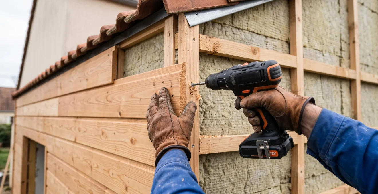 Un artisan fixe une lame de bardage bois sur une façade isolée à l'aide d'une visseuse.