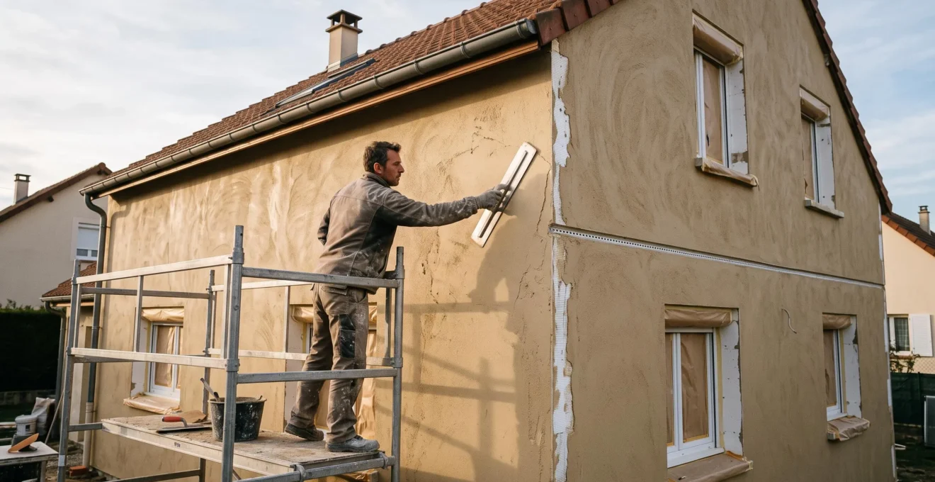 Un maçon applique un enduit de finition sur la façade isolée d'une maison individuelle.