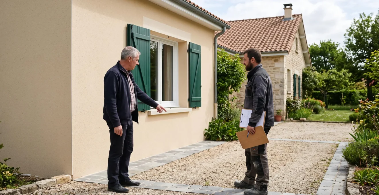Un propriétaire échange avec un artisan devant la façade isolée et enduite de sa maison.